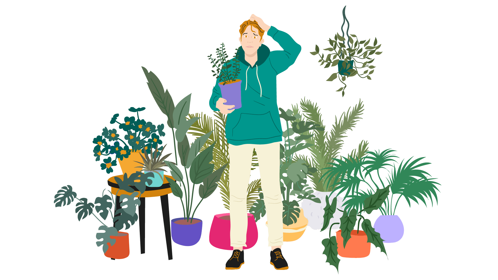 Man surrounded by many plants